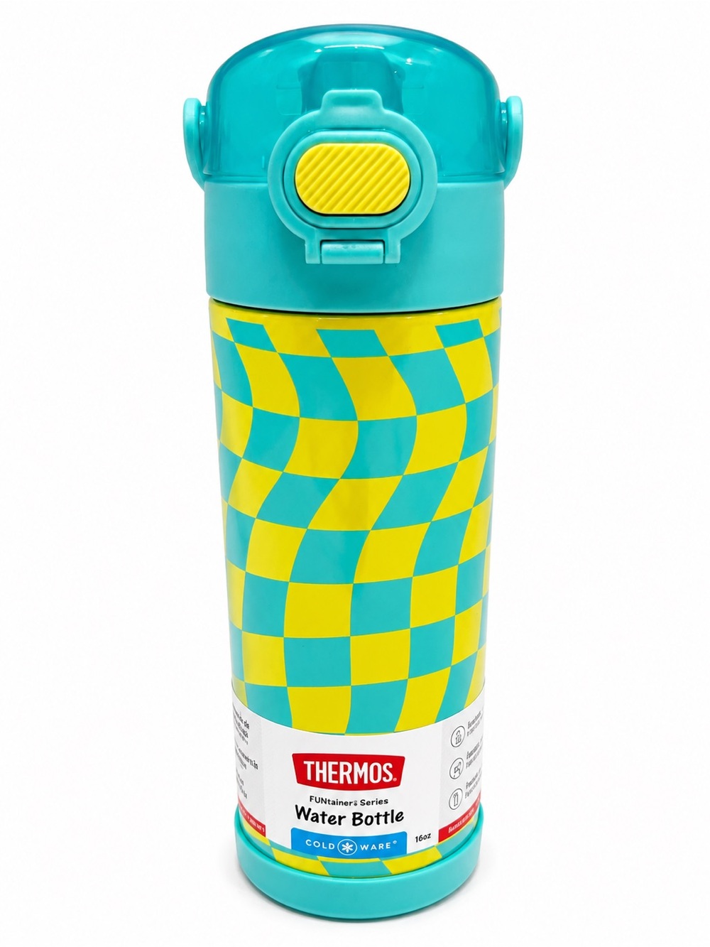 Thermos FUNtainer Kids Water Bottle 16oz Teal Yellow Checkered Stainless Steel